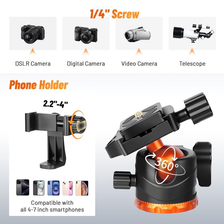 JOILCAN 66" Camera Tripod, Travel Tripod for Camera with 360° Ball Head & Phone Holder, Lightweight Compact Tripod for DSLR/Smartphone Photography