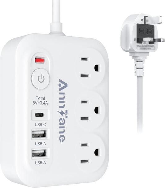 European Travel Plug Adapter 13A Extension Cord, US to Europe and UK Type G C F International Power Adapter with 3 Outlets 3 USB Ports Travel…