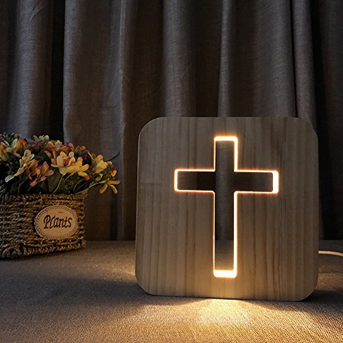 WLHONG Easter Decorations Cross Shaped Wood Bedside Lamp, Jesus Cross 3D LED Optical Night Light, Personalized Room Decor Best Birthday Christian