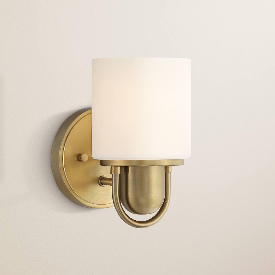 Possini Euro Design Copenhagan Modern Wall Light Sconce Warm Brass Gold Metal Hardwired 4 3/4" Fixture White Glass Shade for Bedroom Bathroom Vanity