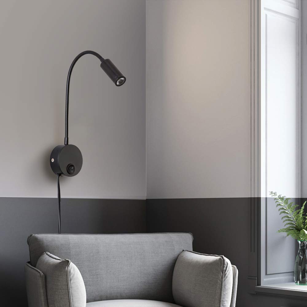 Agese Wall Mounted Reading Light Sconces Lamp LED 3W Warm White 3000K Plug Cord Black Finished 1 Piece