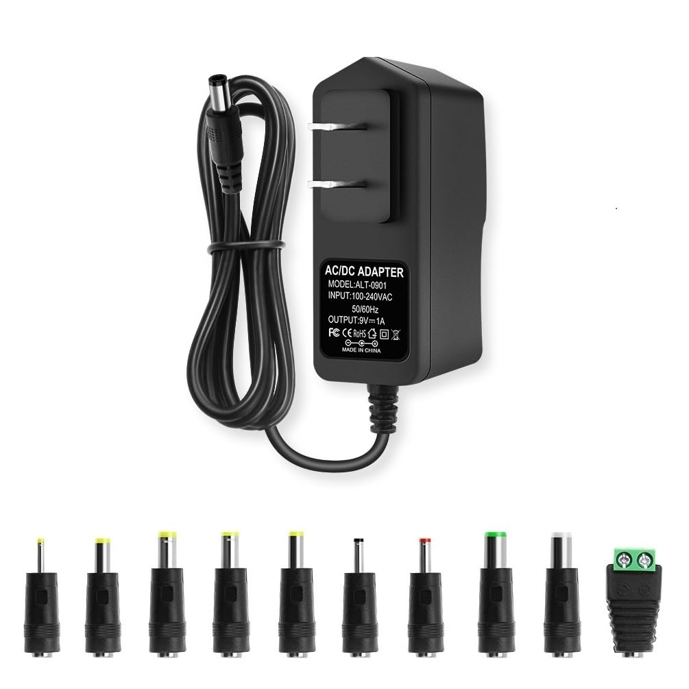 9V DC Power Supply 1A AC Adapter, 100-240V 50/60Hz to 9 Volts 1Amp Transformer, DC 9V Power Cord,【Tip Positive, 5.5mm x 2.5mm Plug】 & 10 Tips