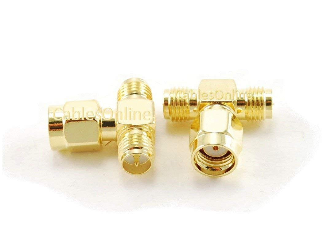 CablesOnline RP-SMA Jack-Plug-Jack 1 Male/2 Female RF Antenna T-Adapter (2 Pack)