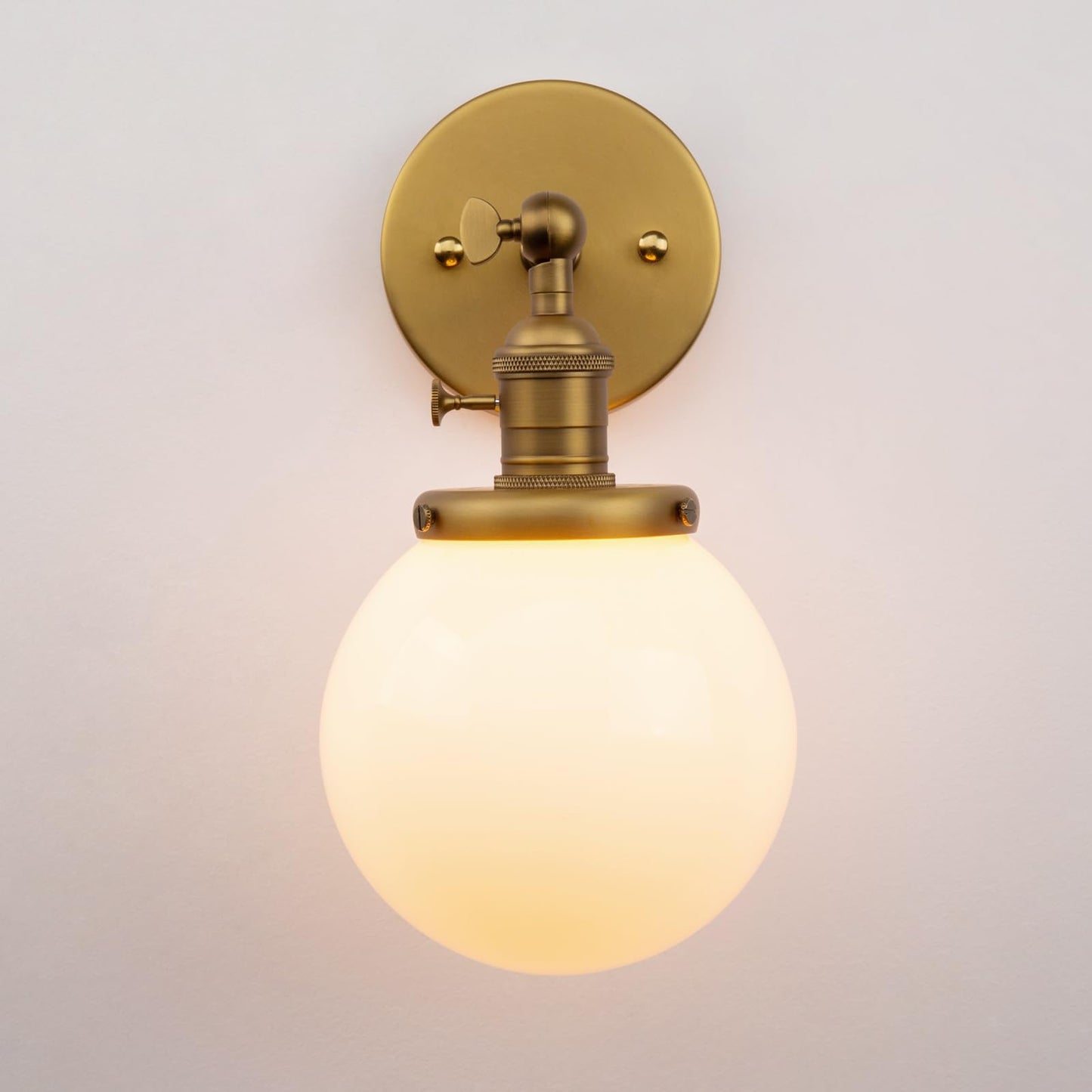 PERMO Vintage Wall Sconce Lighting Fixture with 5.9" Round Globe Milk White Glass Hand Blown Shade Hardwired wall sconces with Switch (Antique Brass)