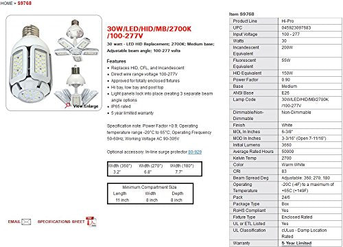 Satco S9768 30 Watt LED HID Replacement 2700 Kelvin Medium Base Adjustable Beam Angle 100-277V Light Bulb