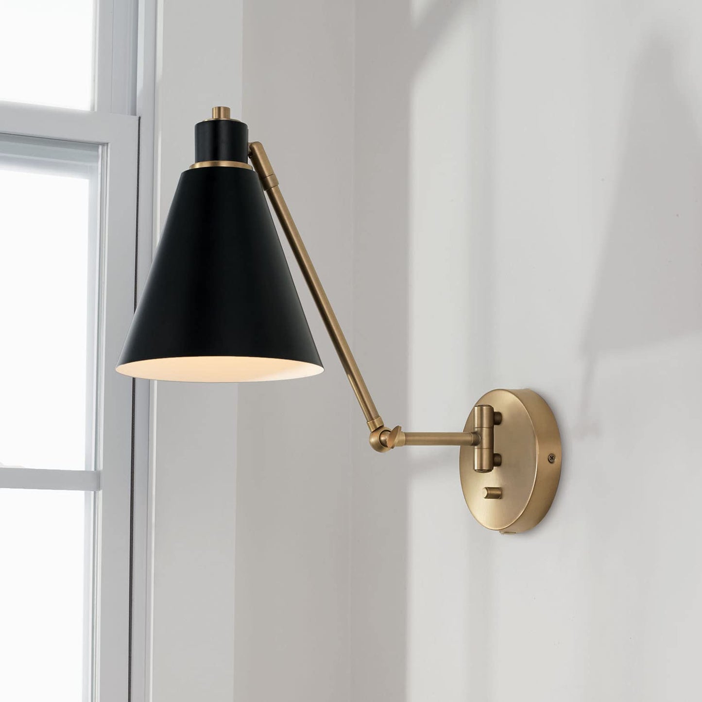 Capital Lighting 650111AB Bradley Modern Metal Cone Articulating Wall Sconce, Plug-in Optional, 1-Light 100 Watt, 26" H x 7" W, Aged Brass and Black