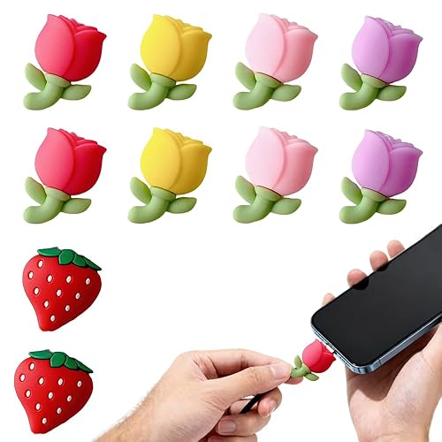 10pcs Flower Phone Charger Protector Cute Strawberry USB Charger Cable Protectors Mobile Phone Charger End Cord Protector for Most Cellphone Data