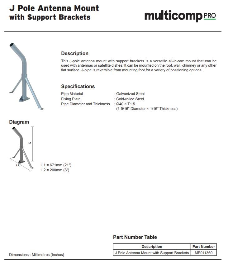 multicomp Pro Antenna Mounting Kit, Antenna Mount, J-Pole, 20", with Support Brackets