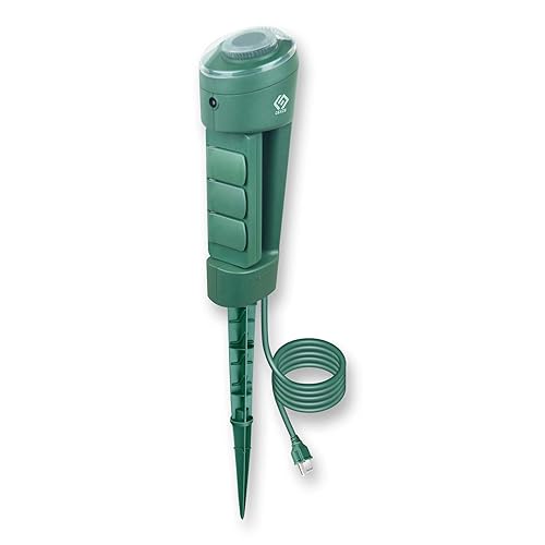 OSKOS Outdoor Power Stake, 3 Grounded Outlets with 180° Rotating Function and Safety Cover and Photocell Timer 2/4/6/8 Hour Countdown, Dusk to Dawn