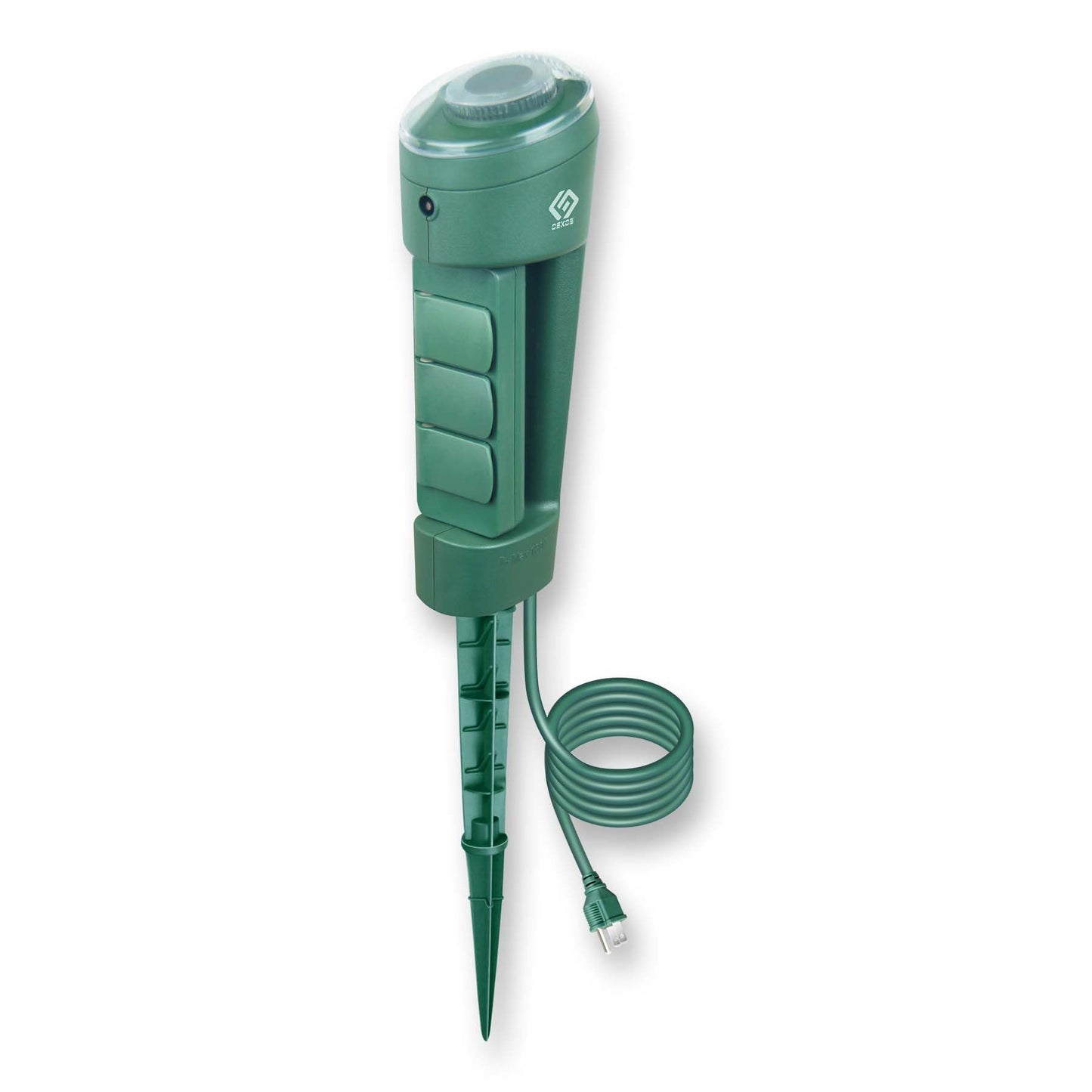 OSKOS Outdoor Power Stake, 3 Grounded Outlets with 180° Rotating Function and Safety Cover and Photocell Timer 2/4/6/8 Hour Countdown, Dusk to Dawn