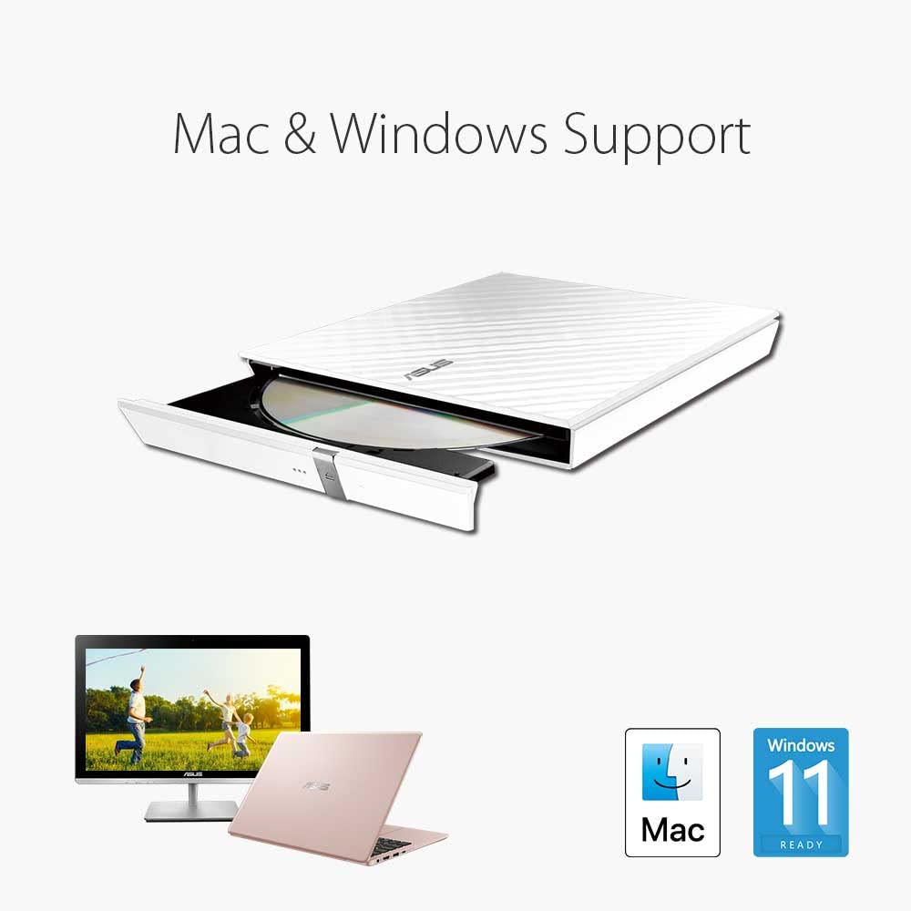 ASUS SDRW-08D2S-U/W/G/ACI/AS LITE External Slim 8X DVD-RW Mac Compatible External Optical Drive - White (SDRW-08D2S-U/WHT)
