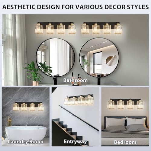 Bathroom Vanity Light Fixtures Over Mirror 4 Crystal Lights - Makeup Lighting Black Gold - for Modern Wall, Bath, Desk, Farmhouse, Hallway