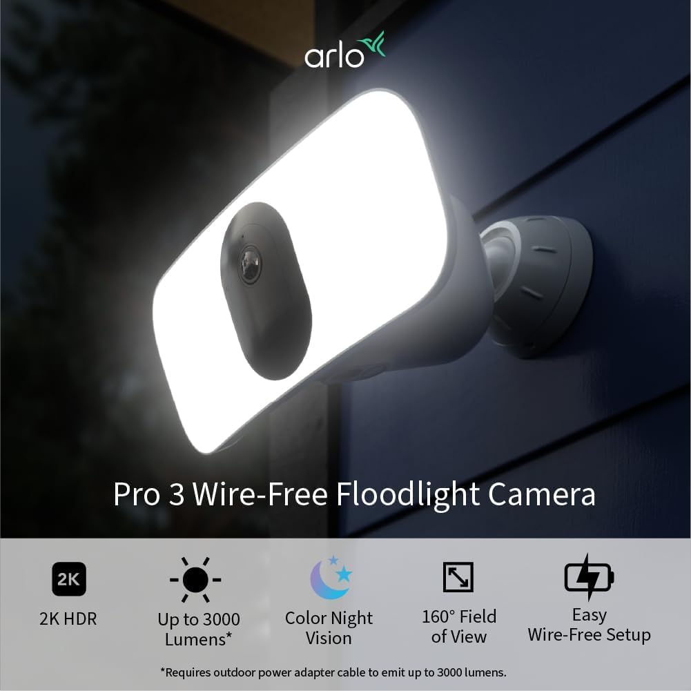 Arlo Pro 3 Floodlight Wireless Camera, Color Night Vision, Motion Sensor, 2-Way Audio, Black, 1-Pack (Renewed)