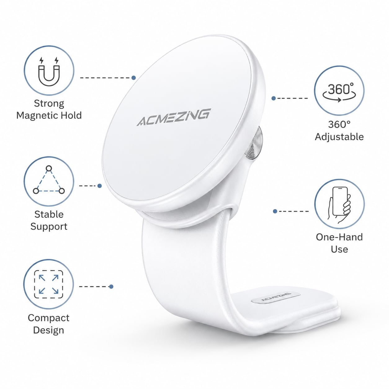 ACMEZING for MagSafe Car Mount, Flexible Memory Alloy Arm Magnetic Phone Holder for Car with 3M Adhesive Base, Dashboard Cell Phone Mount, White