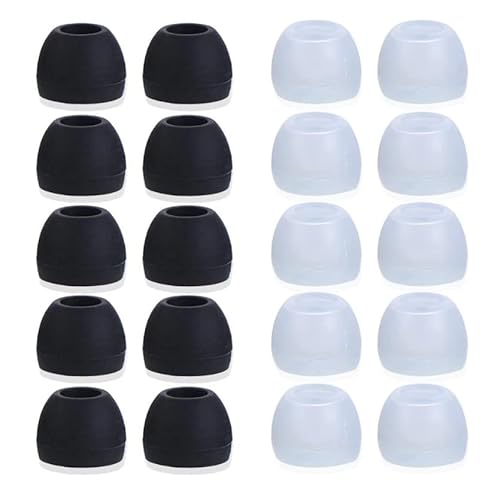 Medium Earbud Tips Silicone Rubber Replacements - 10 Black, 10 Clear