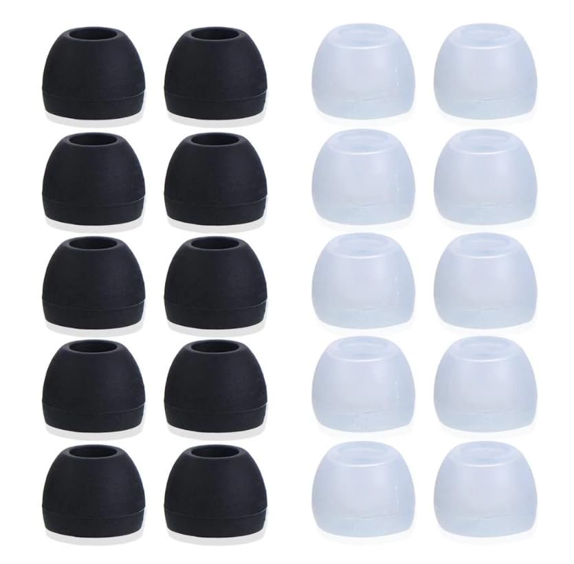 Medium Earbud Tips Silicone Rubber Replacements - 10 Black, 10 Clear