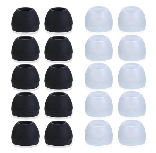 Medium Earbud Tips Silicone Rubber Replacements - 10 Black, 10 Clear