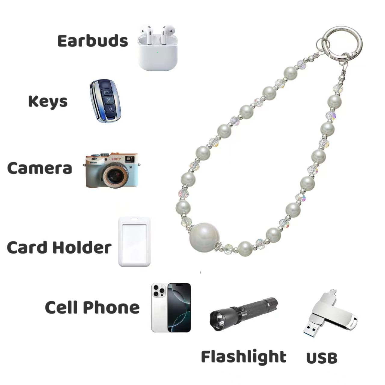 NUANJUYU Sparkling Beads Phone Lanyard Wrist Strap - Multi-Use Anti-Drop Safety Strap with 2 Tether Tabs & Mini Cord - Handmade Gift for Women (White)