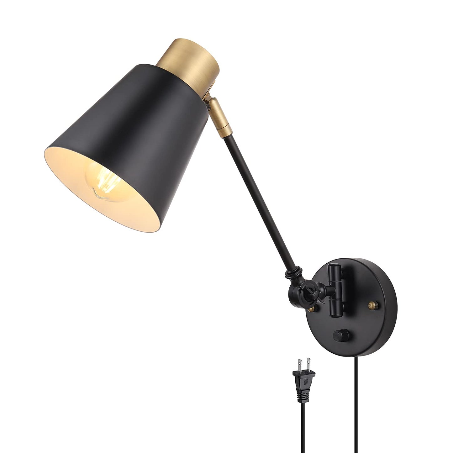 GOODATE Dimmable Wall Lamp with Plug in Cord, Plug in Wall Sconces, Swing Arm Wall Light with On Off Switch, Metal Black Brass Industrial Wall Lamp