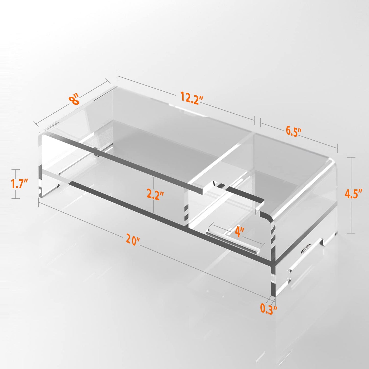 BEYGORM Acrylic Monitor Stand for Full Keyboard, 20" Wide 2-Tier Riser with Storage Shelf and Phone Holder, Desktop Organizer for Laptop, Printer