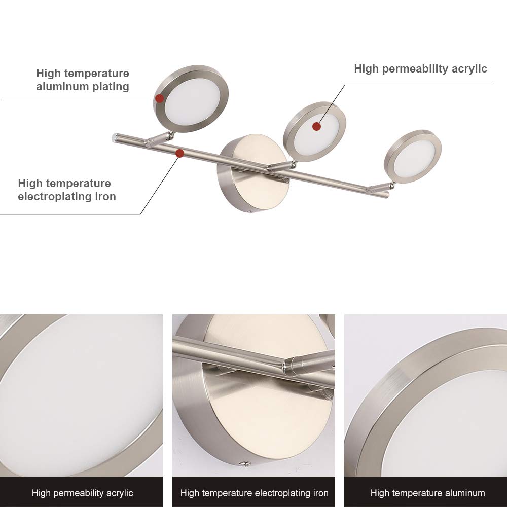 Joossnwell Modern LED Vanity Lights Nickel Finish, 3-Light Bathroom Lighting Fixtures 21.26" Inch 15W Metal Wall Sconces with Swing Arm Up and Down