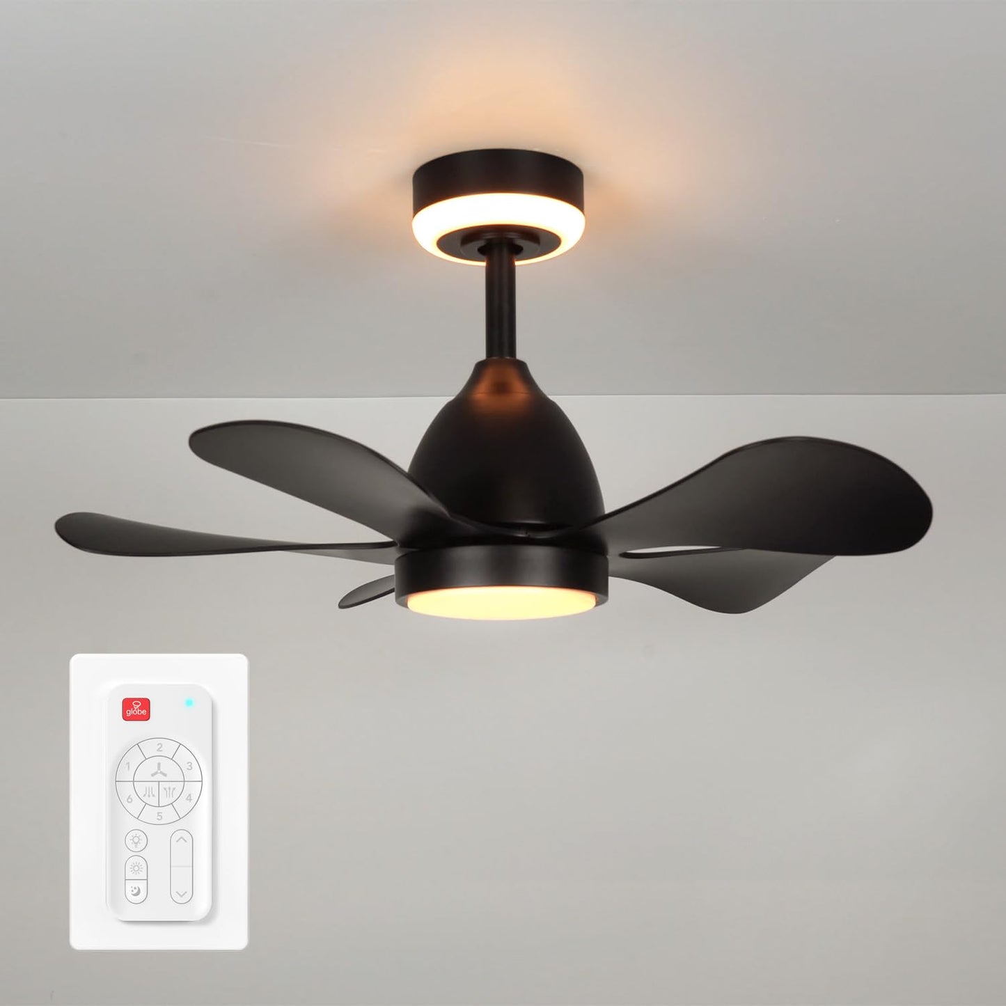 Globe Electric 37000106 30" Ceiling Fan with LED Light, Nightlight, Remote Control, WhisperQuiet DC Motor, 6 Speeds, Matte Black