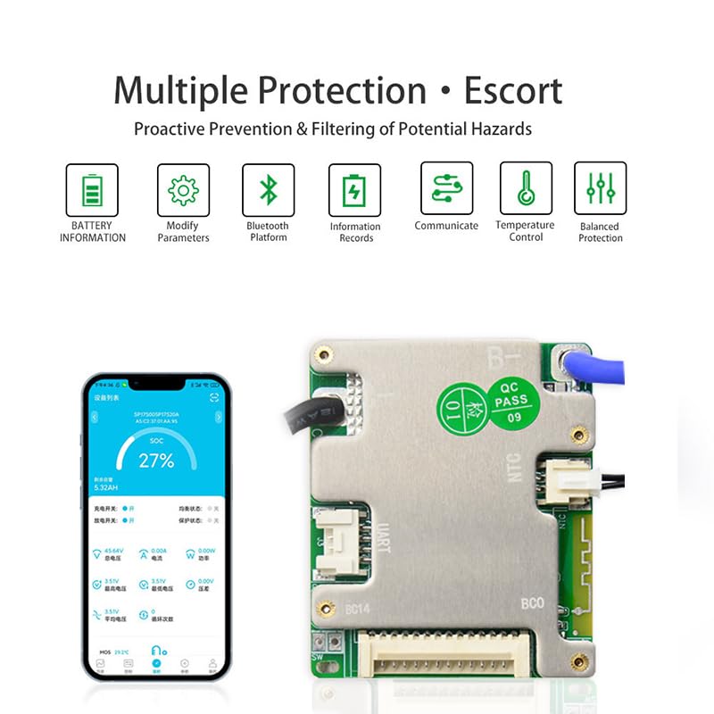 Smart BMS Support 7S-14S 20A 30A Peak 60A 90A 24V 36V 48V Lithium Battery Intelligent Protection Board with Bluetooth Support for UART (7-14S20A)
