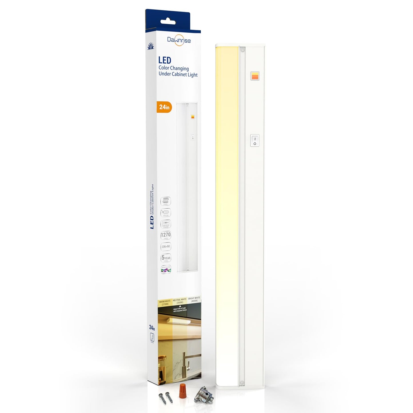 Dawnrise 24" Hardwired Under Cabinet Light,Linkable,1270 Lumens,3 Color Selectable,Brightness Adjustable,Under Counter Lights for Kitchen,Wide