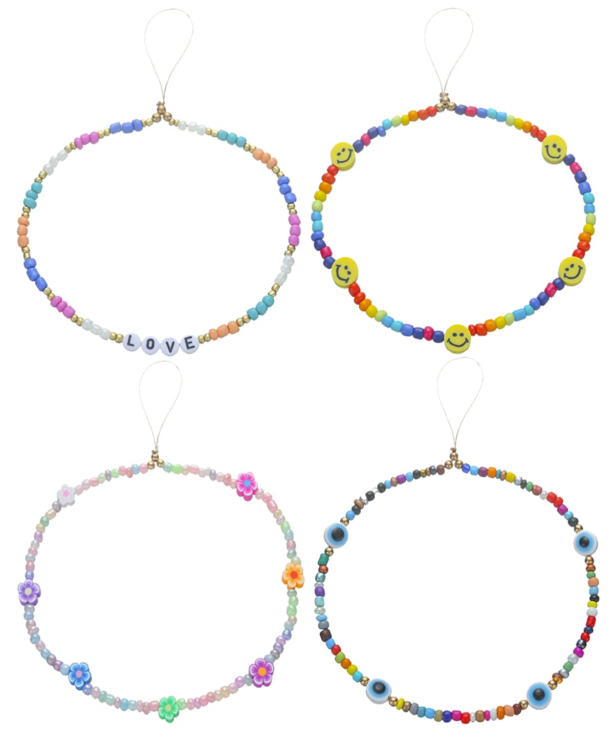 Taouzi 6 Pcs Beaded Phone Charms Strap Faux Pearl Face Fruit Star Rainbow Beaded Phone Lanyard Wrist Strap Beaded Lanyard for Phone Camera Key Wallet
