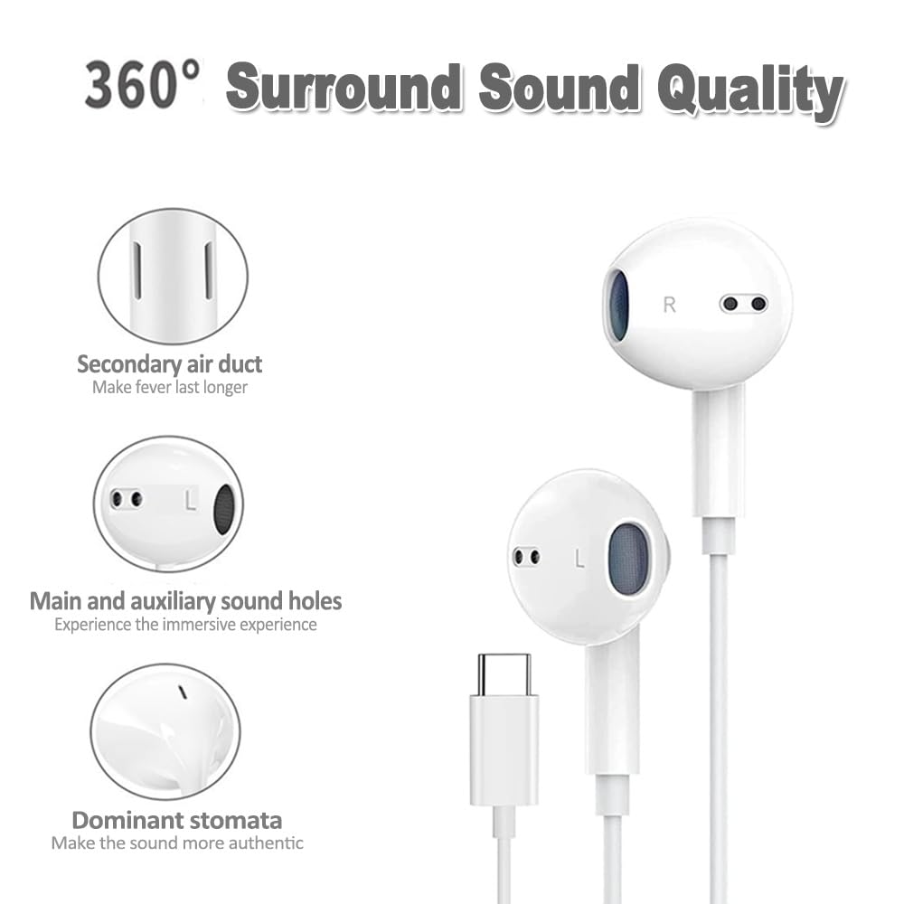 USB C Headphones Wired for iPhone 16/15, 2 Pack Type C Wired Headphones Earbuds Earphones in-Ear HiFi Stereo Sound with Mic Volume Control for iPhone…