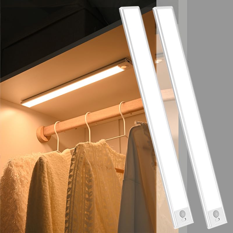 Magnetic Under Cabinet lighting 2 Pack, 12" Rechargeable - 3 Color Dimmable LED, Ultra Slim 1800 Battery Powered Motion Sensor light indoor Punch-free