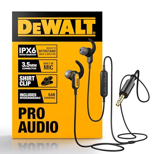 DEWALT Heavy Duty Wired Earphones with Microphone, Jobsite Earbuds Wired 3.5mm, Water-Resistant 3.5mm Earbuds with Mic, Connected Headphones