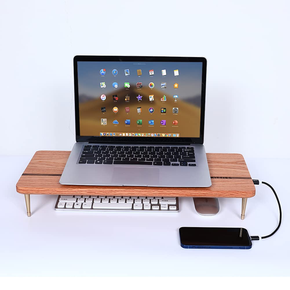 CRAFT KITTIES Wood Riser Monitor Stand with USB Ports Computer Stand w/Slot for Tablet & Cellphone Computer Riser w/Big Storage, Dual Monitor Riser