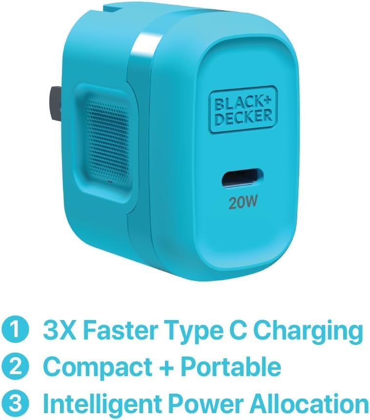BLACK+DECKER GaN PD Wall Charger, 1-Port 20W Type C Wall Plug, Compact Power Block USB C Type-C Fast Charging for iPhone 17/16/15 USBC Charging Block