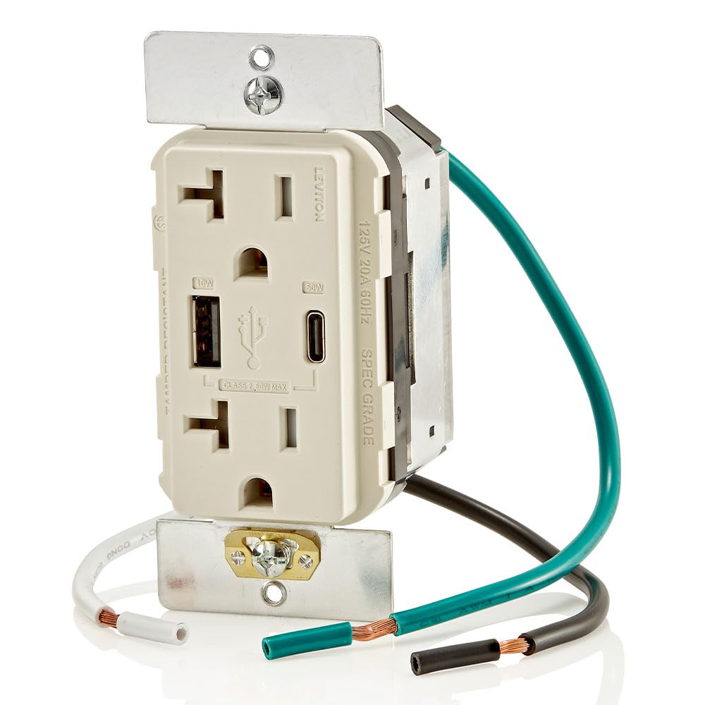 Leviton T5834-T 60W (20V@2.5A+ 5V@2A) USB Dual Type A/Type-C Power Delivery in-Wall Charger with 20A Tamper-Resistant Outlet, USB Charger