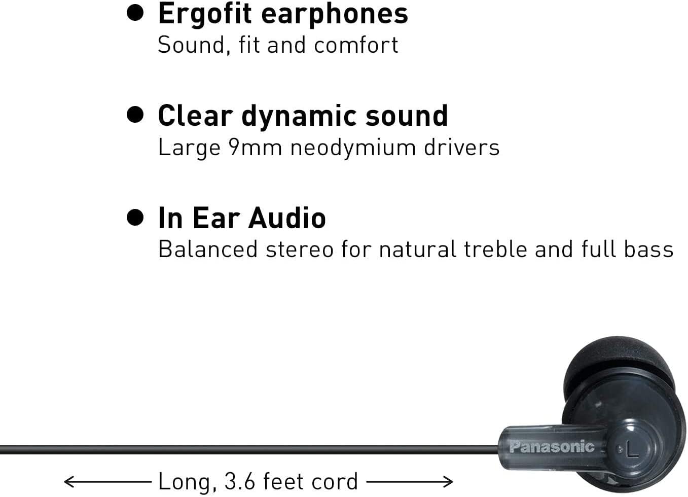 Panasonic ErgoFit Wired Earbuds, In-Ear Headphones with Dynamic Crystal-Clear Sound and Ergonomic Custom-Fit Earpieces (S/M/L), 3.5mm Jack for Phones