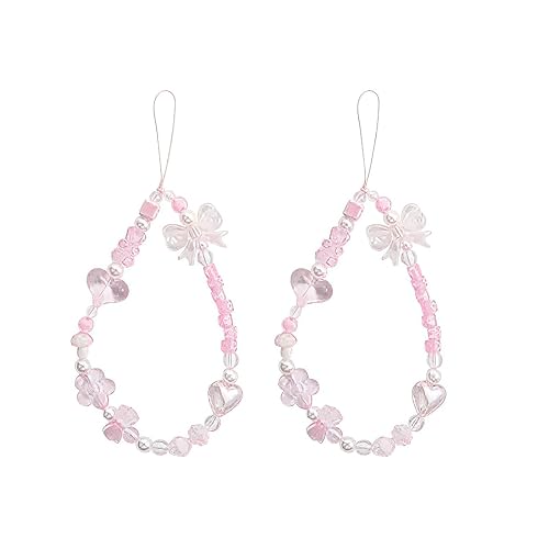 GANPUB 2Pcs Pink Acrylic Beaded Mobile Phone Straps Anti-Lost Hand Strap Pendant Hanging Rope Phone Wrist Hand Lanyard Home Cell Phone Charms Button