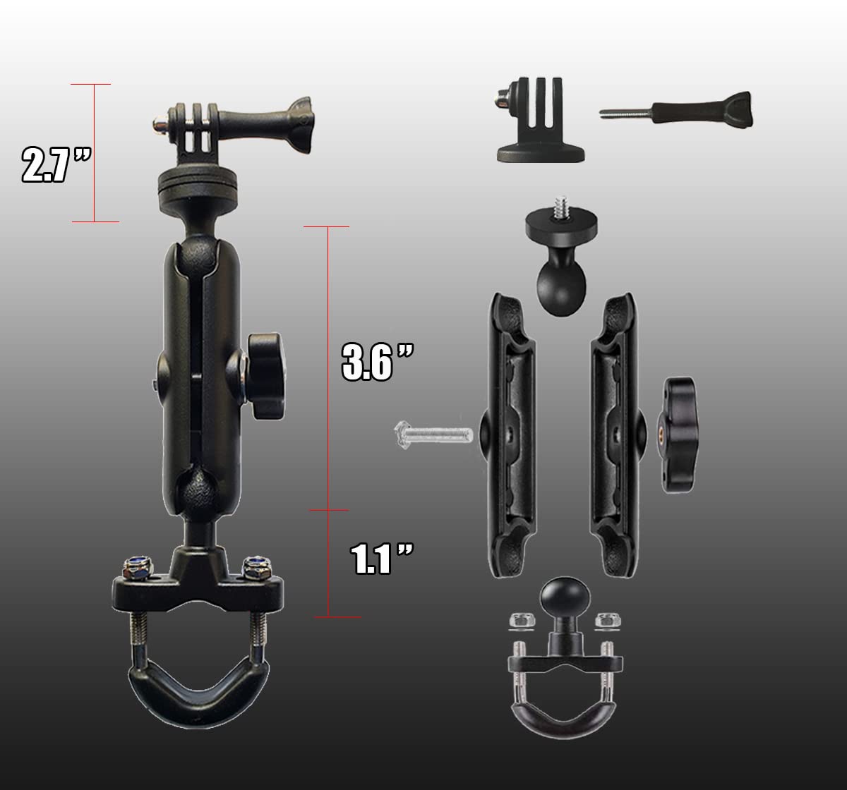 360°Motorcycle Camera Mount for GoPro Bike Holder Handlebar Mount Bracket 1/4 Metal Stand GoPro Hero10/9/8/7/6/5/4/3+ Action Cameras Accessory (Fits