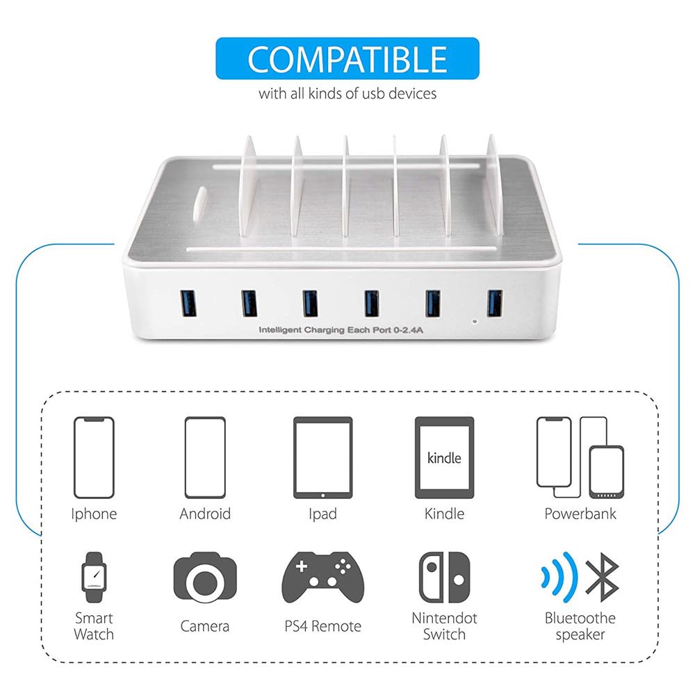 Charging Station for Multiple Devices,50W 6 USB Ports Family Charger Compatible with Apple iPhone iPad and Android Phone and Tablet