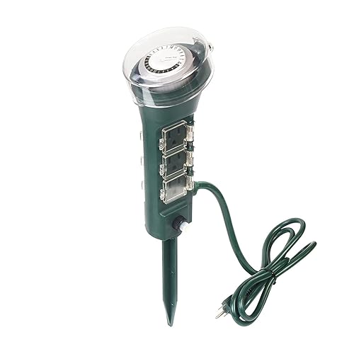 Clear Power Outdoor Power Strip Yard Stake Programmable Mechanical Timer, 6 Grounded Outlets - 6 ft Cord, Weatherproof for Outdoor Lamps Lights Ponds