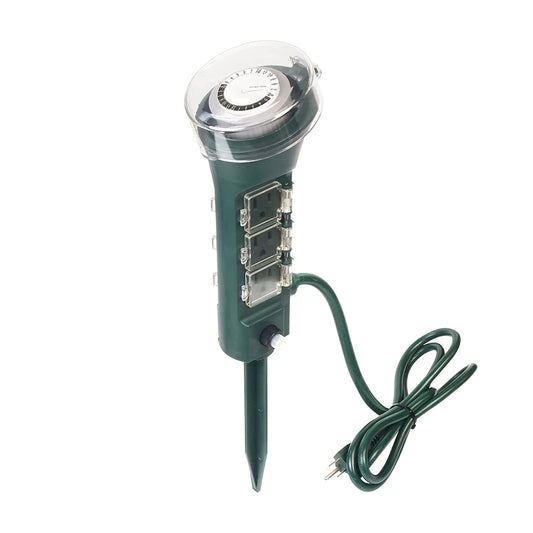 Clear Power Outdoor Power Strip Yard Stake Programmable Mechanical Timer, 6 Grounded Outlets - 6 ft Cord, Weatherproof for Outdoor Lamps Lights Ponds