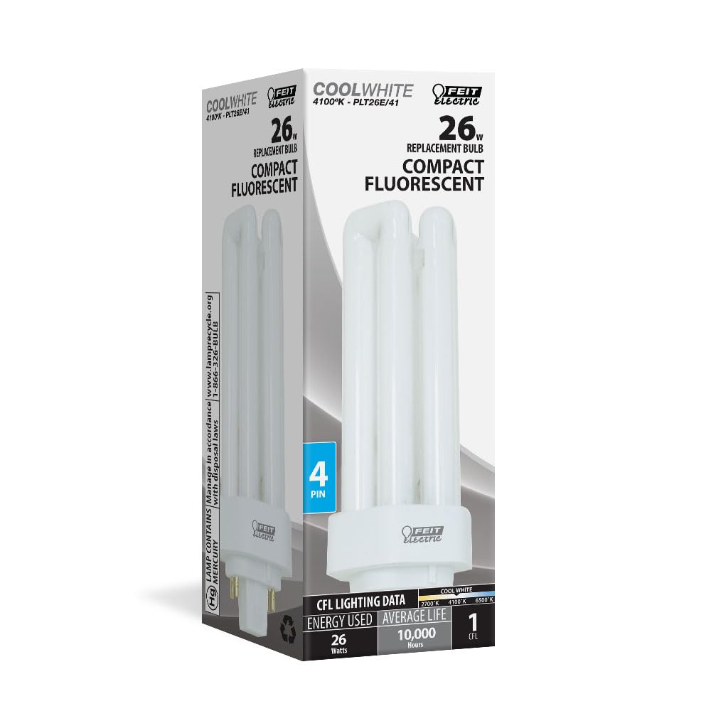 Feit Electric 26-Watt PLT CFL Light Bulb, GX24Q-3 4-Pin Base, 1600 Lumens, 4100K Cool White, PL-Shaped Compact Fluorescent Bulb for General Purpose