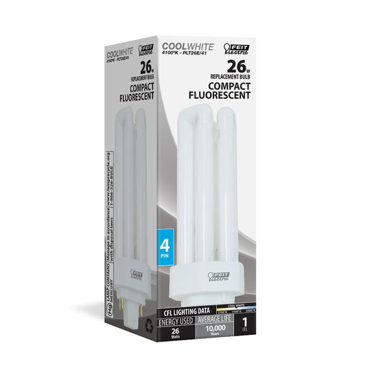 Feit Electric 26-Watt PLT CFL Light Bulb, GX24Q-3 4-Pin Base, 1600 Lumens, 4100K Cool White, PL-Shaped Compact Fluorescent Bulb for General Purpose