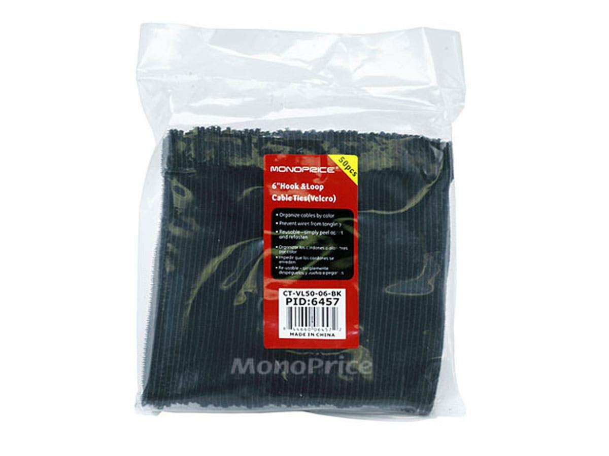 Monoprice Hook and Loop Fastening Cable Ties - 6 Inch, 50 Piece Bulk Pack, With Eye Hole For Hanging, Black