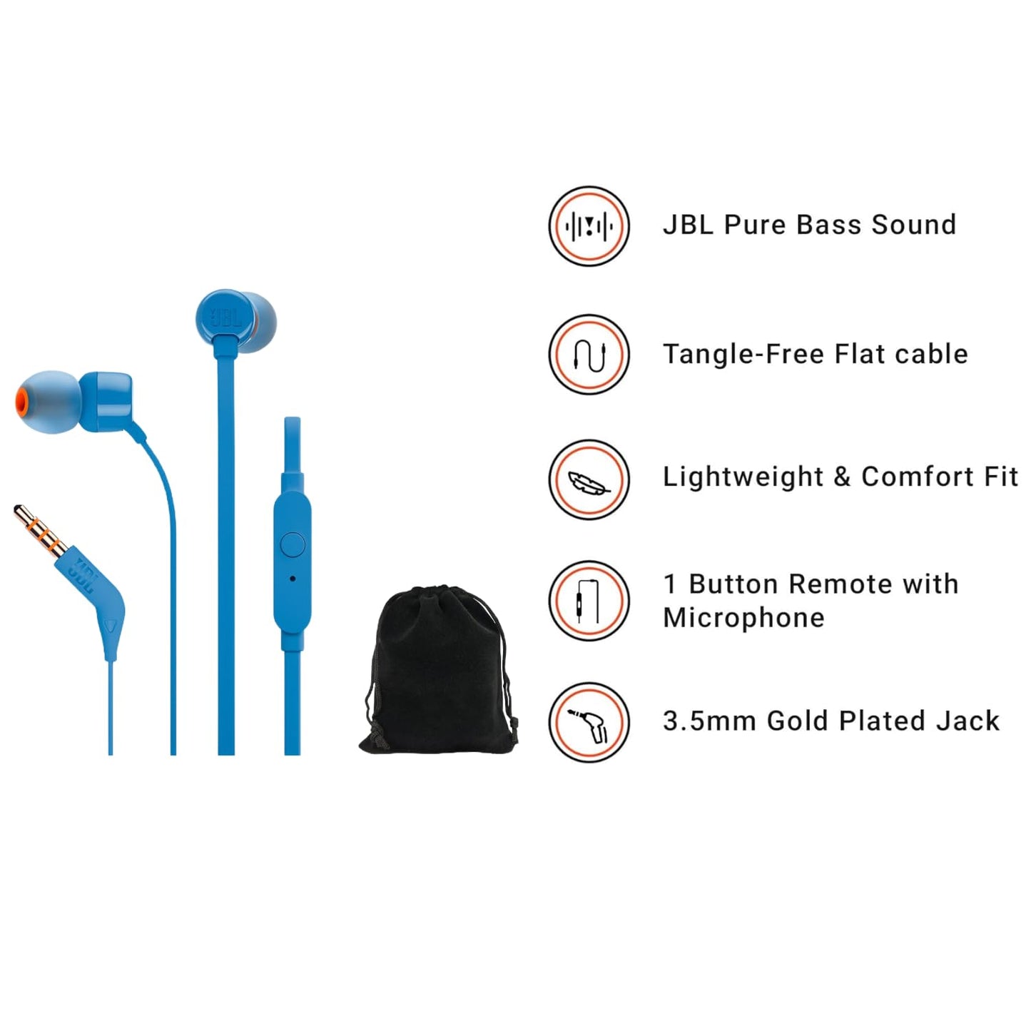 JBL Tune T160, in-Ear Headphones, Pure Bass Sound, 1-Button Remote with Microphone, Tangle-Free Flat Cable, Blue, Includes Carrying Pouch…