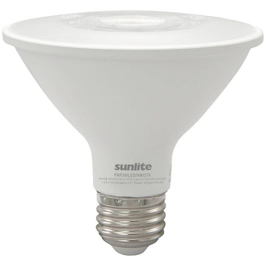 Sunlite LED PAR30 Reflector Light Bulb, 9 Watts (75W=), 750 Lumens, Medium E26 Base, 90 CRI, Dimmable, Floodlight, Title-20 Compliant, ETL Listed, 1