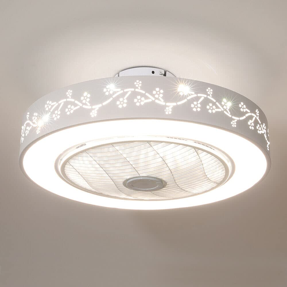 Ceiling Fan Light, Enclosed Round Smart LED Dimmable Ceiling Lighting Fan with Invisible Blades,Semi Flush Mount Low Profile Fan W/Remote Control