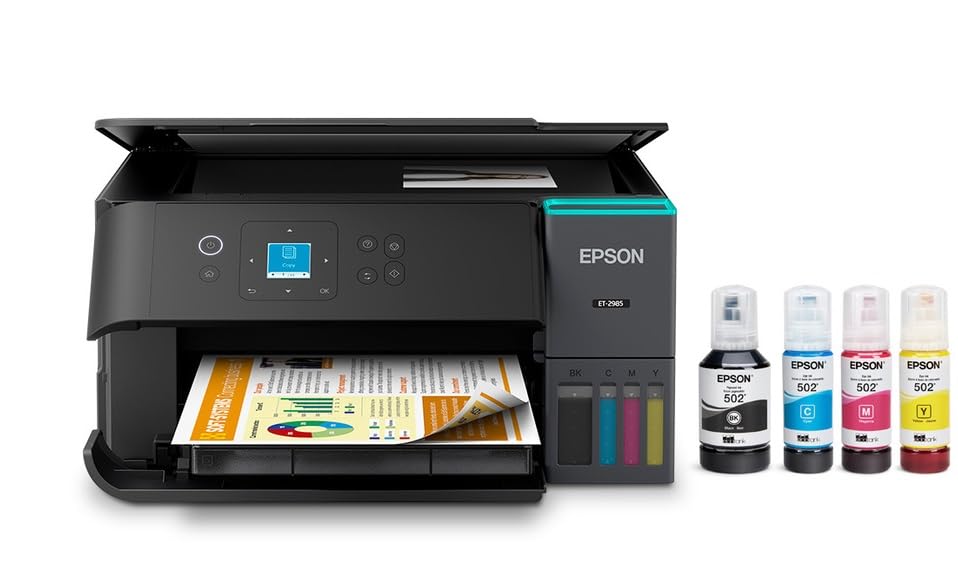 Epson EcoTank ET-2985 Wireless All-in-One Color Supertank Printer, Cartridge-Free Refillable Ink Tanks, 1.44" Color Display, Rear Paper Feed, Copy