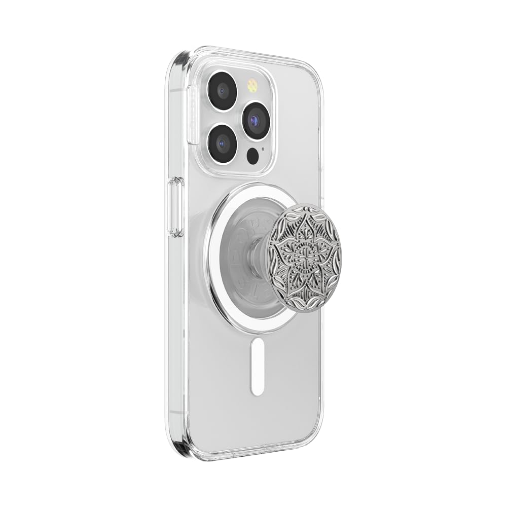 PopSockets Phone Grip for MagSafe, Magnetic Holder, Phone Stand, Enamel - Mandala Silver