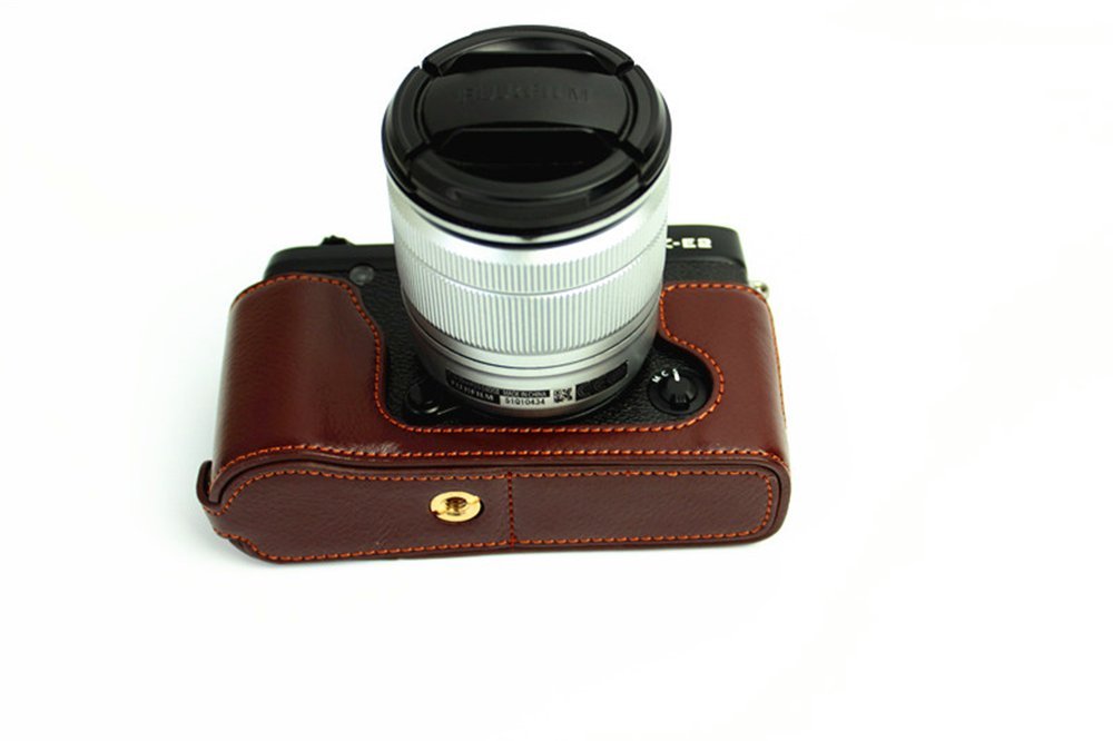XE1 Case, BolinUS Handmade Genuine Real Leather Half Camera Case Bag Cover for Fujifilm Fuji XE1 X-E1 XE2 X-E2 Opening Version + Hand Strap -Coffee